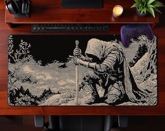Kneeling Knight Hooded Warrior Desk Mat Gaming Mouse Pad Fantasy Artwork Extended Mousepad Office Workspace Gift