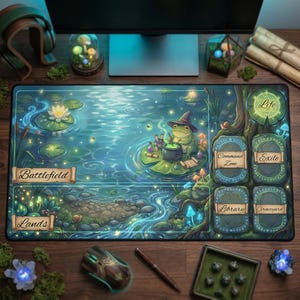 May include: A gaming mousepad featuring a fantasy scene with a frog in a witch hat brewing a potion on a lily pad. The mousepad has a pond with lily pads, and the words "Battlefield" and "Lands" are visible.