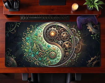 Steampunk Nature Desk Mat Yin Yang Gears Vines Extended Mousepad Industrial Organic Gaming Office Gift
