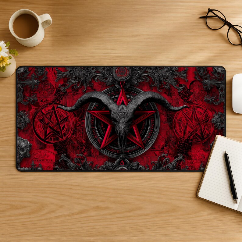 May include: A rectangular red and black mousepad featuring a central pentagram with a goat skull, surrounded by ornate gothic-style detailing. Two pentagrams are on either side of the central image. The mousepad has a textured surface.
