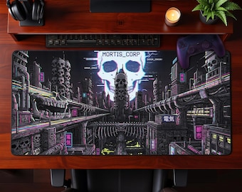 Mortis Corp Skull City Desk Mat Dystopian Cyberpunk Glitch Gaming Mouse Pad Prezent na Dzień Matki Rozszerzony Prezent Technologiczny do Biura