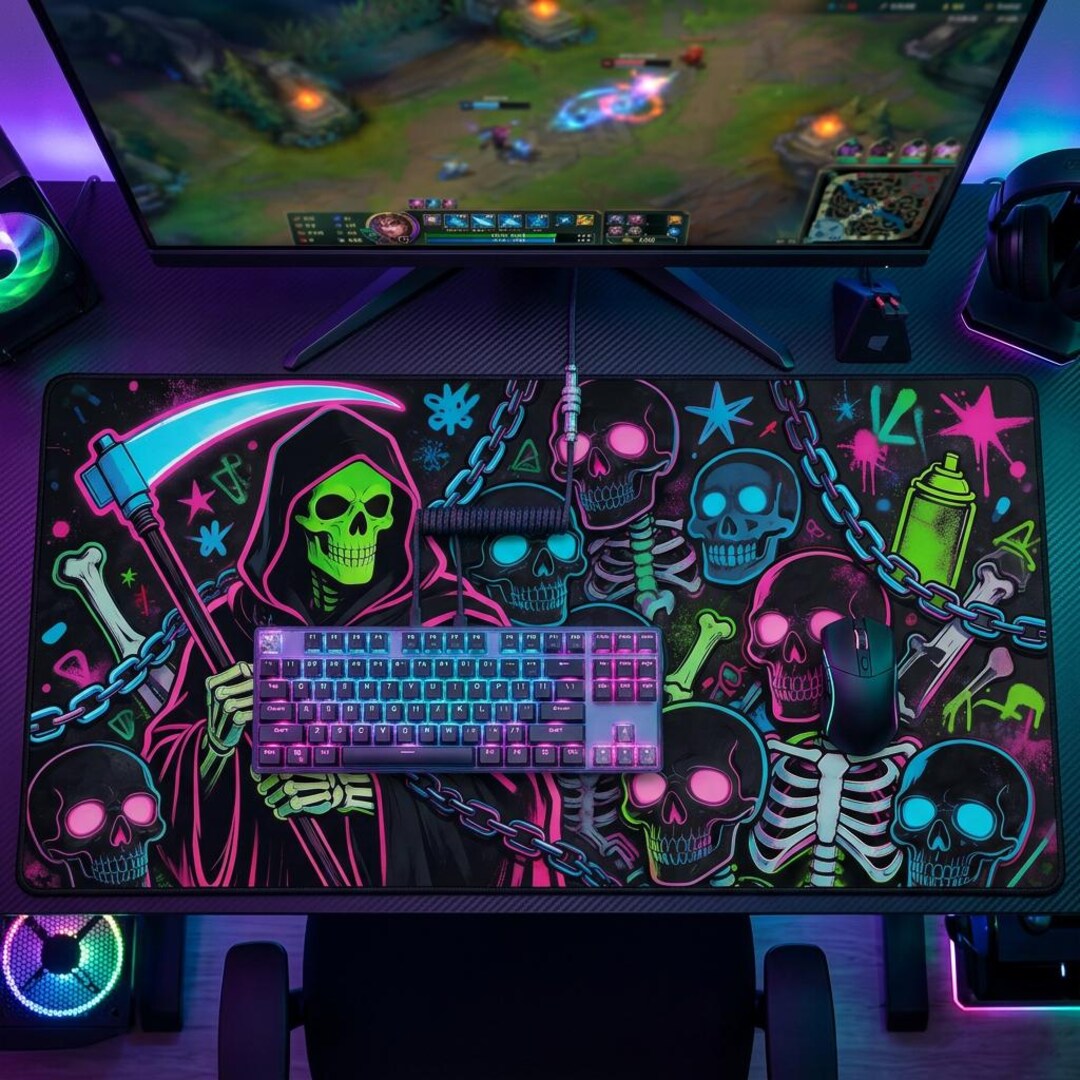 Reaper Workspace Neon Grim Reaper Desk Mat Cyberpunk Skull Mouse Pad Extended Mousepad ...