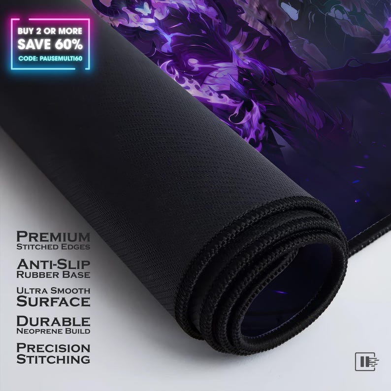 May include: A rolled black mouse pad with a purple graphic design featuring a dark figure. The text reads: PREMIUM STITCHED EDGES, ANTI-SLIP RUBBER BASE, ULTRA SMOOTH SURFACE, DURABLE NEOPRENE BUILD, PRECISION STITCHING. BUY 2 OR MORE SAVE 60% CODE: PAUSEMULTI60