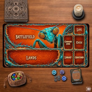 May include: A rectangular gaming playmat featuring a large teal mantis illustration against an orange swirling background. The mat includes labelled zones for Battlefield, Lands, Life, Command Zone, Exile, Library, and Graveyard with teal borders.