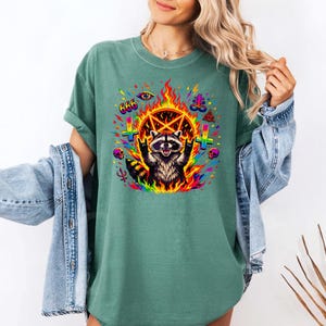 Psychedelic Raccoon Pentagram, Colorful Satanic Art, 666 Skull Flame, Rock On Trash Panda, Occult Goth Rave Aesthetic