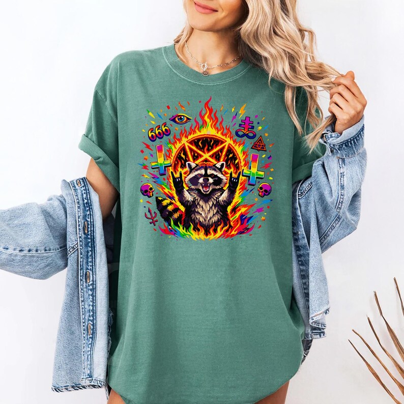 Psychedelic Raccoon Pentagram, Colorful Satanic Art, 666 Skull Flame, Rock On Trash Panda, Occult Goth Rave Aesthetic