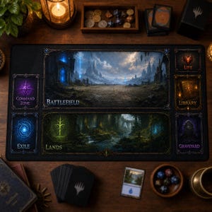 May include: A rectangular black playmat featuring designated zones for a card game. The mat includes labeled areas for Battlefield, Lands, Command Zone, Exile, Life, Library, and Graveyard, each decorated with fantasy-themed illustrations of landscapes and magical symbols.