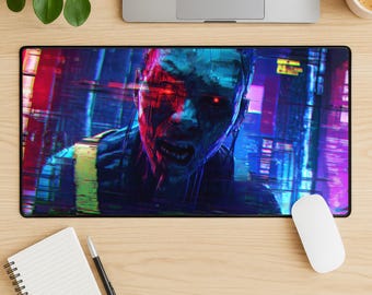 Cyberpunk Glitch Art Desk Mat Gaming Mousepad XXL Glitch Cyborg Mouse Pad Gamer Room Decor Neon Distorted Futuristic Video Games Gamer Gift