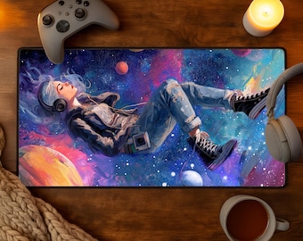 Podkładka na biurko z motywem dziewczyny z anime, estetyczna podkładka pod mysz do gier XXL, podkładka pod klawiaturę Galaxy Dreamscape, dekoracja LoFi Gamer, podkładka na biurko z motywem sztuki kosmicznej
