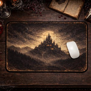 Puede incluir: Alfombrilla de ratón rectangular con una escena de castillo gótico oscuro bajo la luna llena. La imagen es en tonos marrones y grises, con un ratón de ordenador blanco a la derecha. Tema de fantasía u horror.
