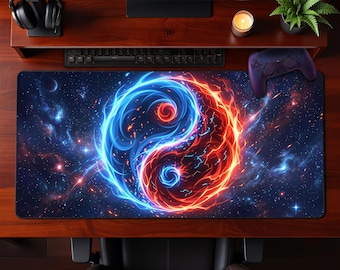 Fire and Ice Yin Yang Cosmic Balance Gaming Desk Mat Large Mouse Pad Extended Setup Office Workspace Gift