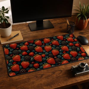 May include: A rectangular desk mat featuring a vibrant pattern of red strawberries, blueberries, and blackberries on a dark background. The mat is designed to protect the desk surface and provide a smooth area for mouse movement.