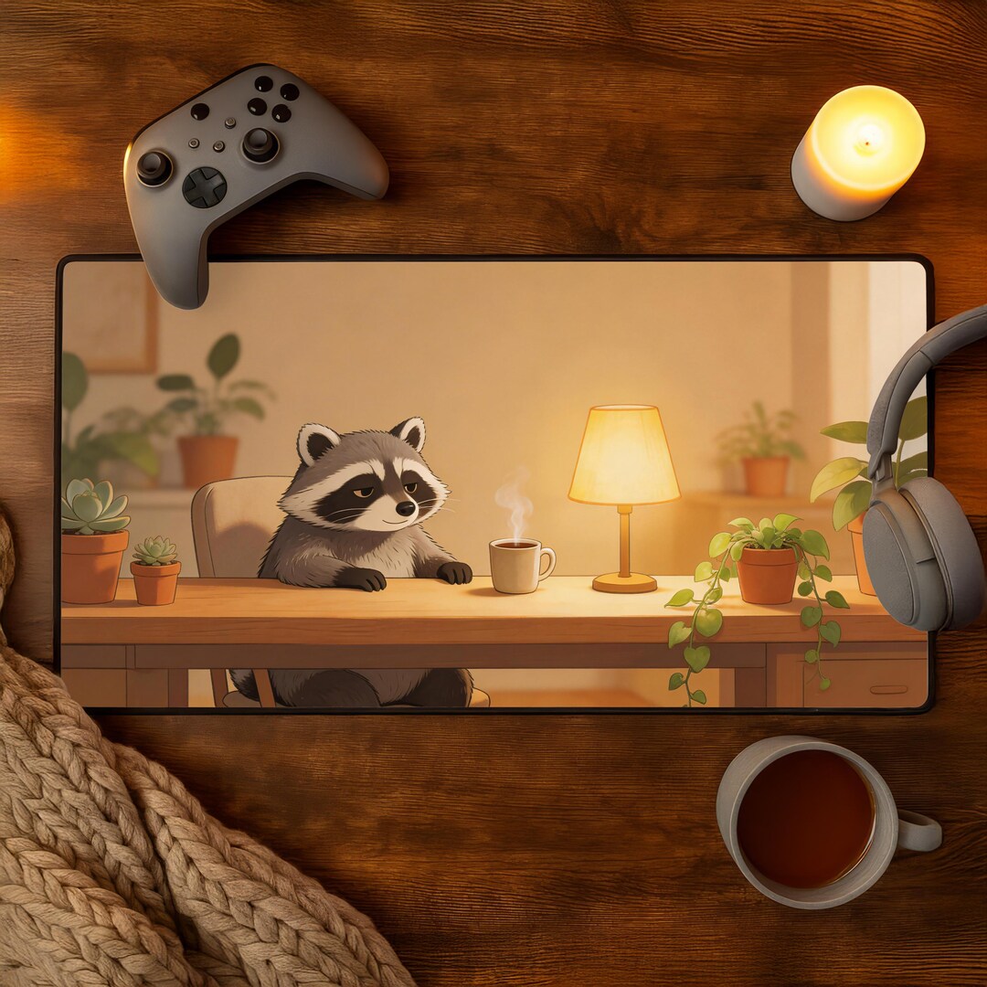 Cozy Raccoon Desk Mat Trash Panda Office Mouse Pad Cute Animal Study ...