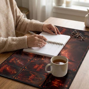 May include: A person writing in a spiral-bound planner on a desk. The desk has a large, rectangular playmat with a fiery, fantasy-themed design. A mug of tea and eyeglasses are also on the desk.