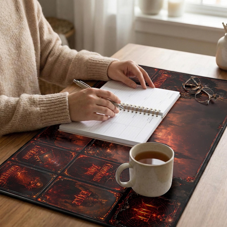 May include: A person writing in a spiral-bound planner on a desk. The desk has a large, rectangular playmat with a fiery, fantasy-themed design. A mug of tea and eyeglasses are also on the desk.
