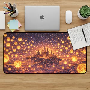 May include: A rectangular mouse pad featuring a fantasy landscape with a castle, floating islands, and glowing orbs. The design is predominantly orange, purple, and gold, creating a celestial theme. The mouse pad is on a wooden desk.