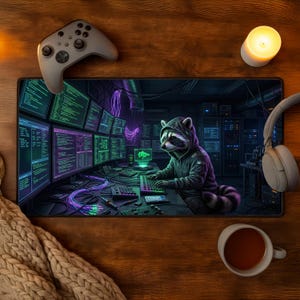 May include: A computer mousepad featuring a raccoon in a hoodie, coding in a server room. The scene includes multiple computer monitors displaying code, a keyboard, and a gaming controller. The color scheme is dark with neon green and purple accents.