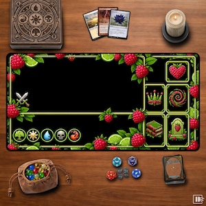 May include: A rectangular black playmat featuring a border of raspberries and lime slices, with five circular mana symbols, a central play area, and six square icons depicting a heart, crown, spiral, books, and a tombstone with a raspberry.