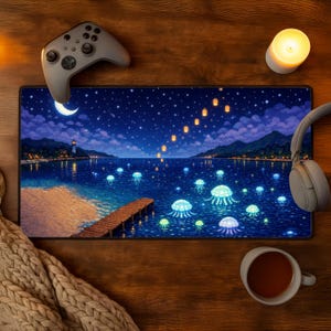 May include: A gaming mousepad with a night scene featuring a pier, glowing jellyfish, and a crescent moon. A gray controller, headphones, a candle, and a mug of tea are on a wooden surface.