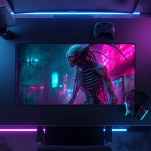 May include: A gaming setup featuring a large monitor displaying a digital art scene of a skeletal figure in a neon-lit environment. The desk includes a controller, headphones, and a curved monitor with blue and purple lighting.