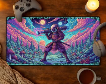 Psychedelic Space Samurai Desk Mat Sci-Fi Gaming Mousepad Cosmic Warrior Astronaut Cyberpunk Fantasy Art Neon Gaming Mat