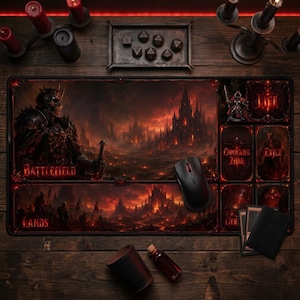 May include: A large, rectangular gaming mousepad with a dark fantasy theme. The pad features a detailed illustration of a battlefield with a skull-faced warrior, a castle, and the words "Battlefield" and "Lands". A black mouse sits on the pad.