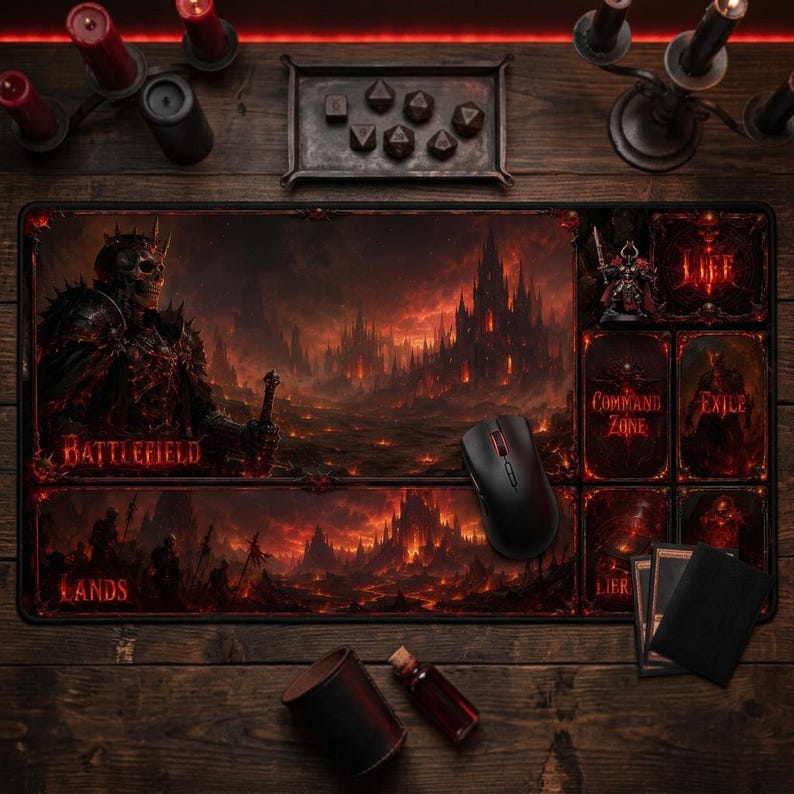 May include: A large, rectangular gaming mousepad with a dark fantasy theme. The pad features a detailed illustration of a battlefield with a skull-faced warrior, a castle, and the words "Battlefield" and "Lands". A black mouse sits on the pad.
