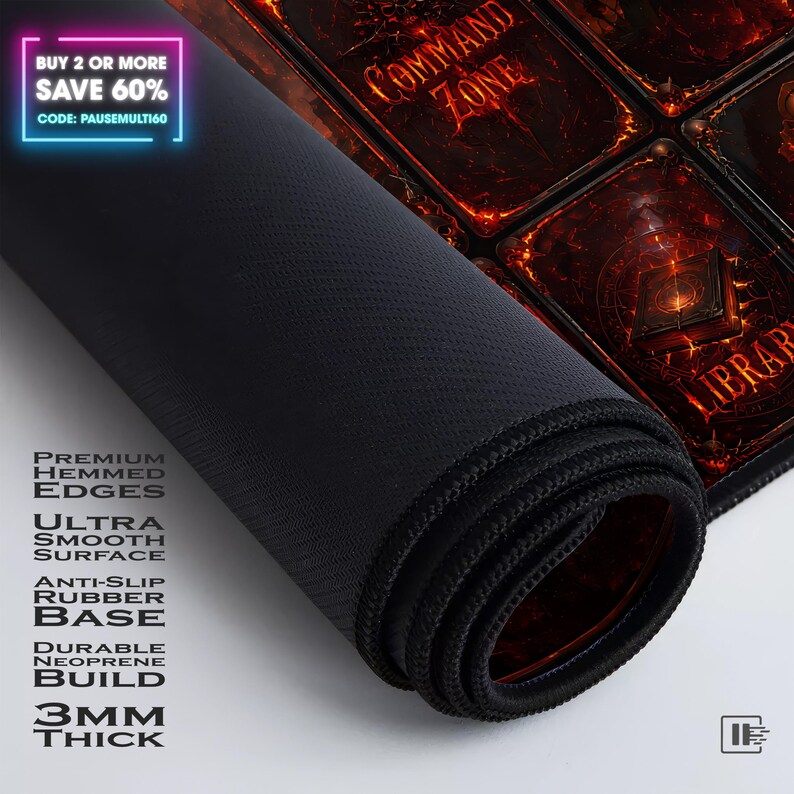 May include: A rolled-up black gaming mouse pad with a red and orange design. The pad features the text "COMMAND ZONE" and "LIBRARY". The pad has premium hemmed edges, an ultra-smooth surface, an anti-slip rubber base, and is 3mm thick.