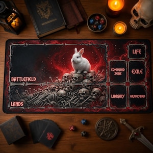 Pode incluir: Um tapete de jogo retangular com um coelho branco sentado sobre uma pilha de crânios contra um fundo de nebulosa vermelho escuro. O tapete inclui zonas rotuladas como Battlefield, Lands, Command Zone, Exile, Library e Graveyard em vermelho.