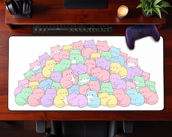 Kawaii Pastel Sleeping Cats Pile Desk Mat Cute Kitties Mouse Pad Cozy Extended Mousepad Office Gaming Setup Gift