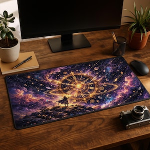 May include: A rectangular desk mat featuring a celestial design with a large clock face at the center, surrounded by swirling galaxies and a figure in a cloak. The color palette includes purple, gold, and orange hues.