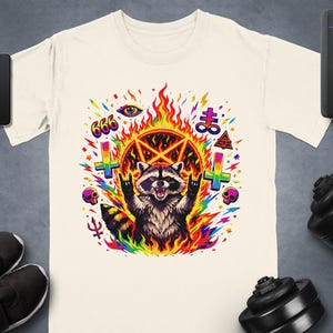 Raccoon Satanic Art, Rainbow Fire Devil Horns, 666 Pentagram Occult, Edgy Alternative Graphic, Dark Humor, Grunge Aesthetic
Raccoon graphic