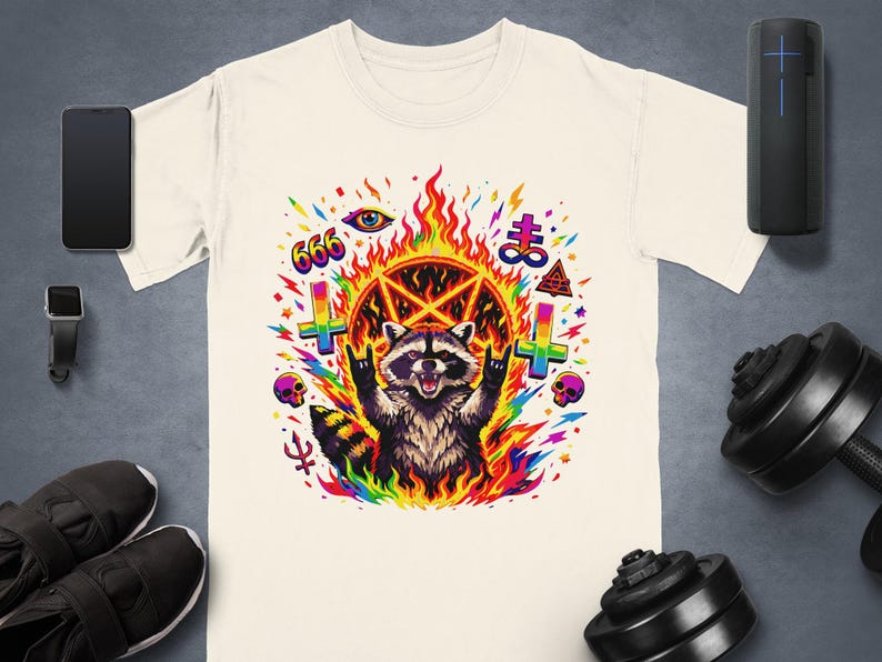 Raccoon Satanic Art, Rainbow Fire Devil Horns, 666 Pentagram Occult, Edgy Alternative Graphic, Dark Humor, Grunge Aesthetic
Raccoon graphic