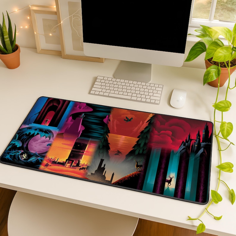 May include: A rectangular mouse mat with a fantasy landscape design in vibrant colours. The artwork depicts various scenes, including a large wave, a sunset, and a castle, creating a visually appealing and functional desk accessory.
