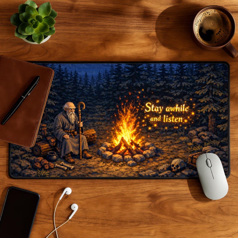 Puede incluir: Alfombrilla de rat&oacute;n rectangular con una ilustraci&oacute;n digital de un viejo mago junto a una fogata en un bosque. El texto "Stay awhile and listen" est&aacute; en dorado. La alfombrilla est&aacute; sobre una superficie de madera.