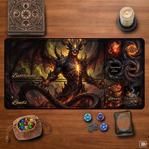 Pode incluir: Tapete de jogo preto e laranja para um jogo de cartas com uma figura demoníaca alada e detalhes flamejantes. O tapete inclui zonas de jogo, dados, um baralho de cartas e uma caixa de madeira.