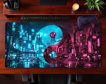 Neon Pink Blue Cyberpunk City Yin Yang Desk Mat Futuristic Aesthetic Mouse Pad Extended Gaming Workspace Setup Gift