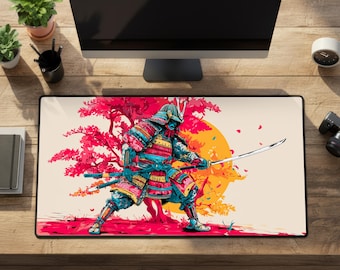 Alfombrilla de escritorio con diseño de guerrero samurái, alfombrilla de ratón Katana colorida, alfombrilla de escritorio XXL para juegos, diseño de cerezo japonés, regalo para gamers, configuración para videojuegos