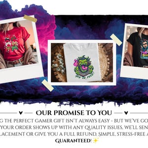 May include: Three t-shirts are displayed in polaroid-style frames. One is red with a Christmas-themed graphic, another is white with a green monster design and the text "AFK OR FEED!", and the third is black with a gamer graphic. The background is a dark blue and purple abstract design.