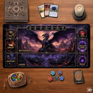 May include: A rectangular playmat featuring a purple dragon illustration, labelled zones for Battlefield, Lands, Tax, Library, Graveyard, Life, Command Zone, and Exile. Includes a wooden box, three trading cards, a candle, a pouch of marbles, and dice.