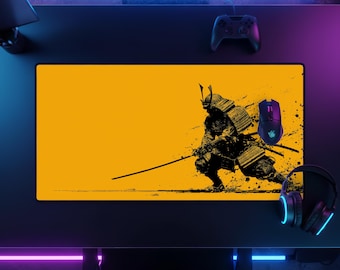 Alfombrilla de escritorio de guerrero samurái con tinta japonesa, alfombrilla de ratón XXL minimalista con diseño de guerrero bushido y katana, decoración de habitación de gamer estética naranja