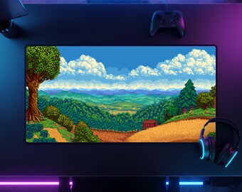 Pixel Gamer Schreibtischmatte Stardew Valley Gaming Mousepad XXL Forest Valley Panorama Gamer Zimmer Deko Videospiele Weihnachten Gamer Geschenk