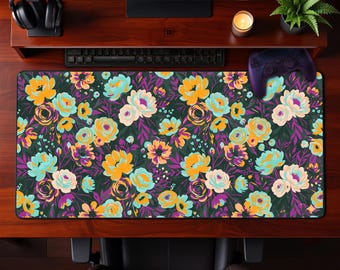 Żywy, kwiatowy wzór z pociągnięciami pędzla, pomarańczowy, turkusowy, magenta, podkładka na biurko, rozszerzona podkładka pod mysz, prezent na Dzień Matki, artystyczny wystrój miejsca pracy