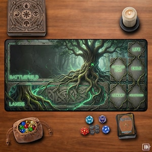 May include: A rectangular playmat featuring a forest tree illustration with designated zones labeled Battlefield, Lands, Command Zone, Exile, Library, and Graveyard. Includes a wooden box, a candle, a drawstring pouch with glass beads, dice, and a deck of cards.