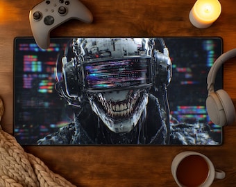 Cyberpunk Desk Mat | Glitched Cyborg Mouse Pad | Neon Static Gaming Mousepad XXL | Digital Punk Desk Mat | Video Games Christmas Gamer Gift