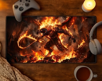 Balrog of Moria Desk Mat Fiery Demonic Lord of the Rings Mousepad Epic Fantasy Gaming Pad Khazad Dum Bridge Battle