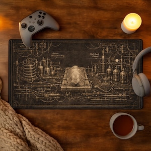 Peut inclure: Tapis de souris de jeu rectangulaire noir avec une illustration détaillée de style steampunk. Le tapis présente du texte et des images de machines, avec une manette de jeu grise, un casque et une tasse de thé sur une surface en bois.