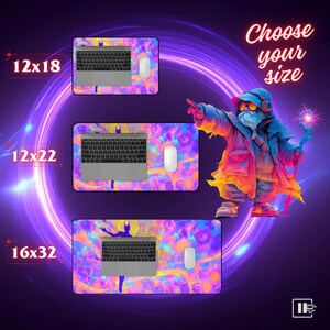 May include: A vibrant image showcasing three computer mouse pads in different sizes: 12x18 inches, 12x22 inches, and 16x32 inches. Each pad features a laptop and mouse. The pads have a colorful, abstract design. A wizard illustration is also present, with the text "Choose your size".