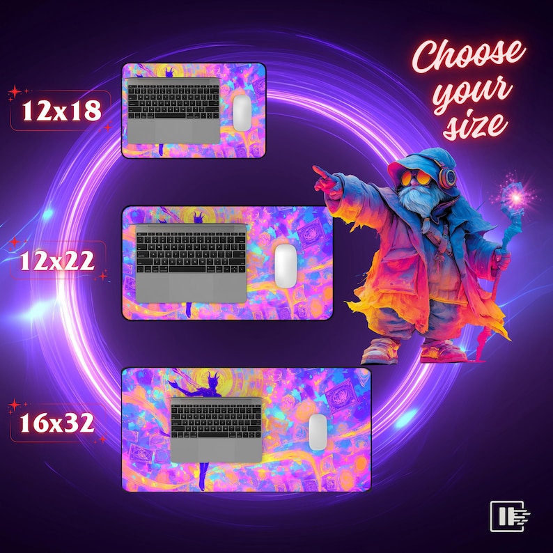 May include: A vibrant image showcasing three computer mouse pads in different sizes: 12x18 inches, 12x22 inches, and 16x32 inches. Each pad features a laptop and mouse. The pads have a colorful, abstract design. A wizard illustration is also present, with the text "Choose your size".