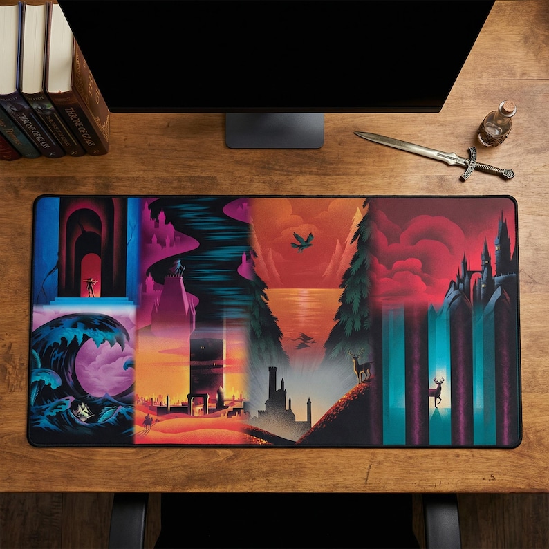 May include: A rectangular mouse mat with a fantasy landscape design. The artwork is split into sections with vibrant colours, including scenes of a figure in an archway, a mountain, a sunset, and a castle.